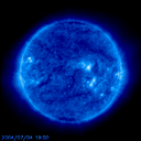 Real NASA animation of our sun with blue filter taken the week of 7/11/04. Click for larger view (915K)