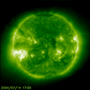 Real NASA animation of our sun with green filter taken the week of 7/20/04. Click for larger view (656K)