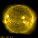 Real NASA animation of our sun with yellow filter taken the week of 7/20/04. Click for larger view (1788K)