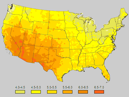 This chart shows the distribution of Solar Radiation (sunshine) across the United States